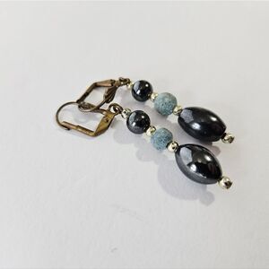 Vintage Black Hematite Natural Stone Silver Round Bead Dangle Drop Earrings Set